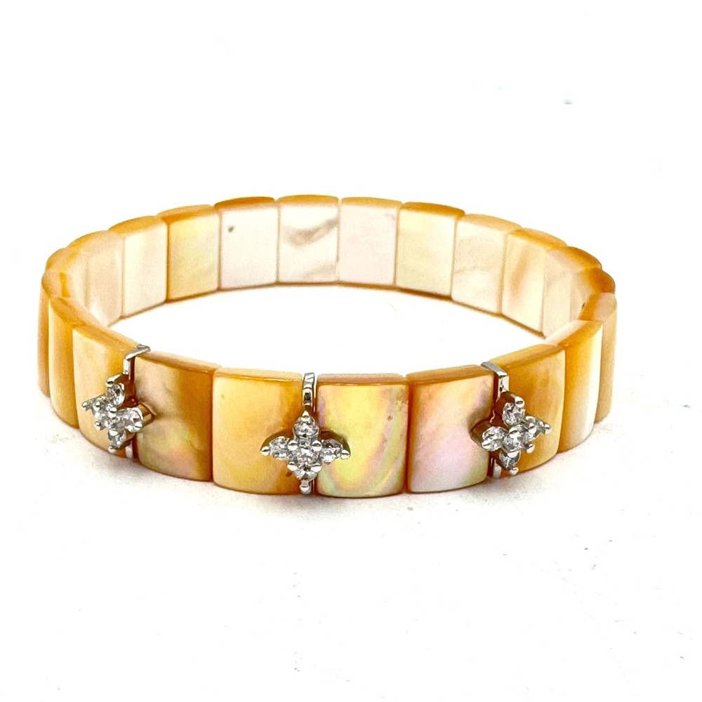 Genuine Amber Gold Mother of Pearl Seashell Bracelet‎ Rhinestone Stretch Bangle
